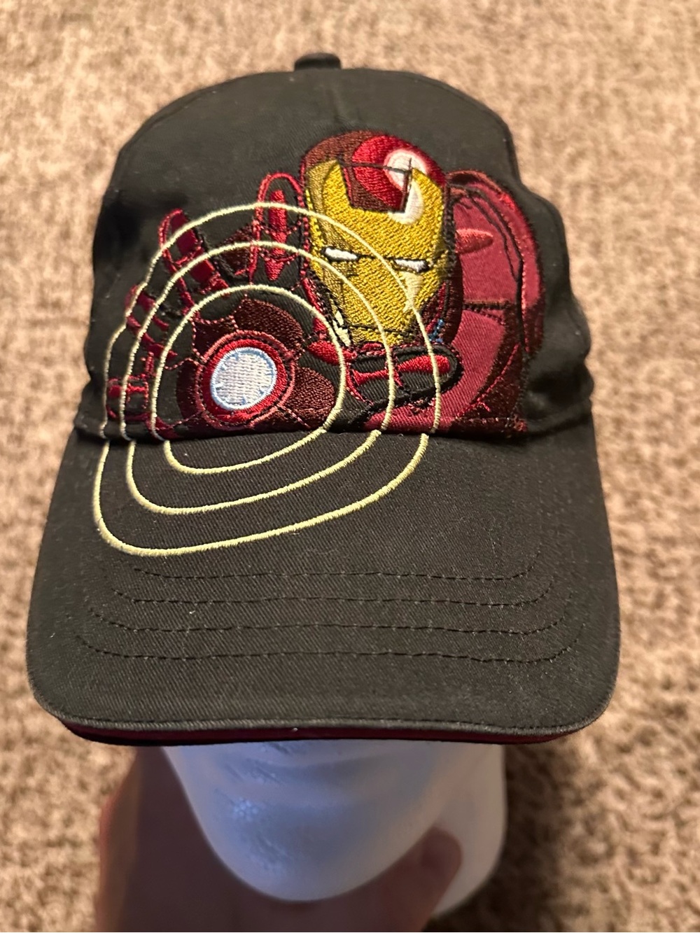 Vintage iron man Black Baseball Cap with Embroidered Red and Yellow Design